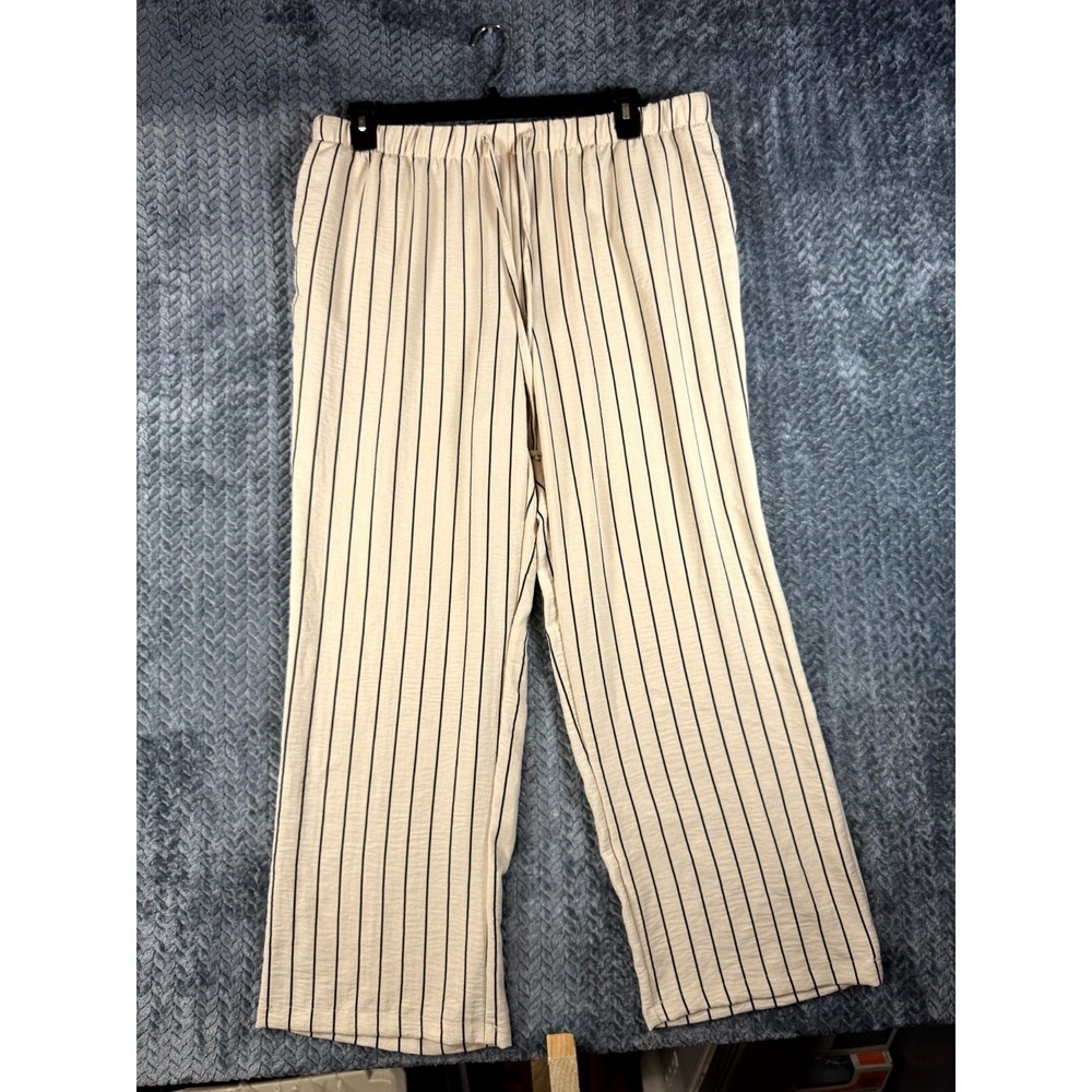 Rachel Zoe Ankle Pants Womens 1X Beige Striped High Rise Straight Leg Drawstring